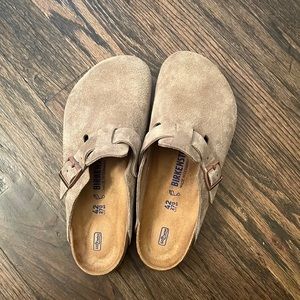 Taupe Suede Birkenstock Boston Clogs